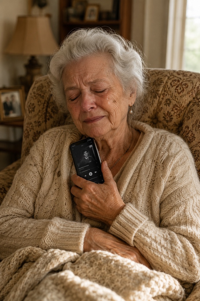 A woman moved to tears listening to a personalized song